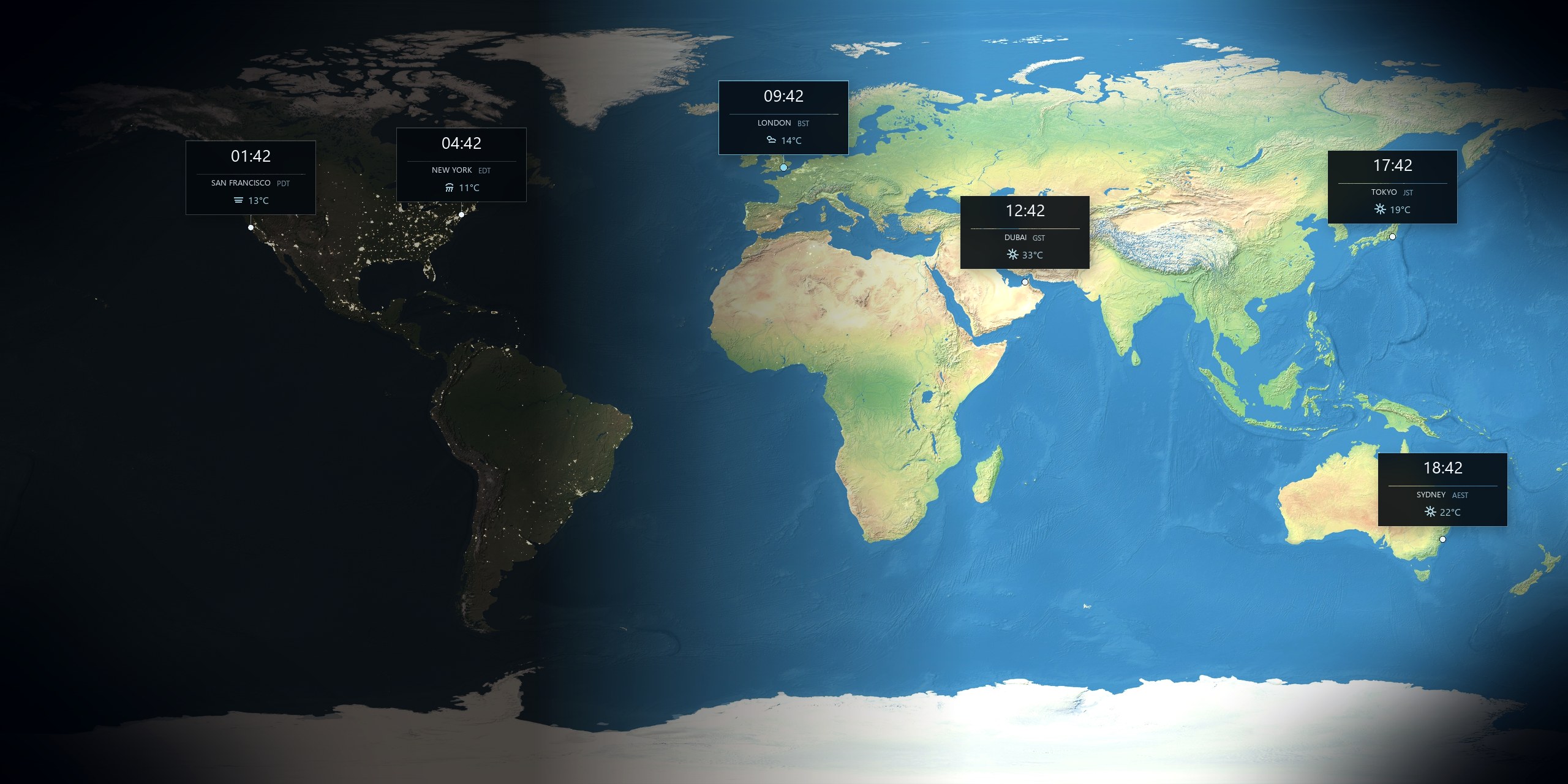 Orblune live Earth wallpaper with time and weather cards for London, New York, Tokyo, Dubai, Sydney, and San Francisco